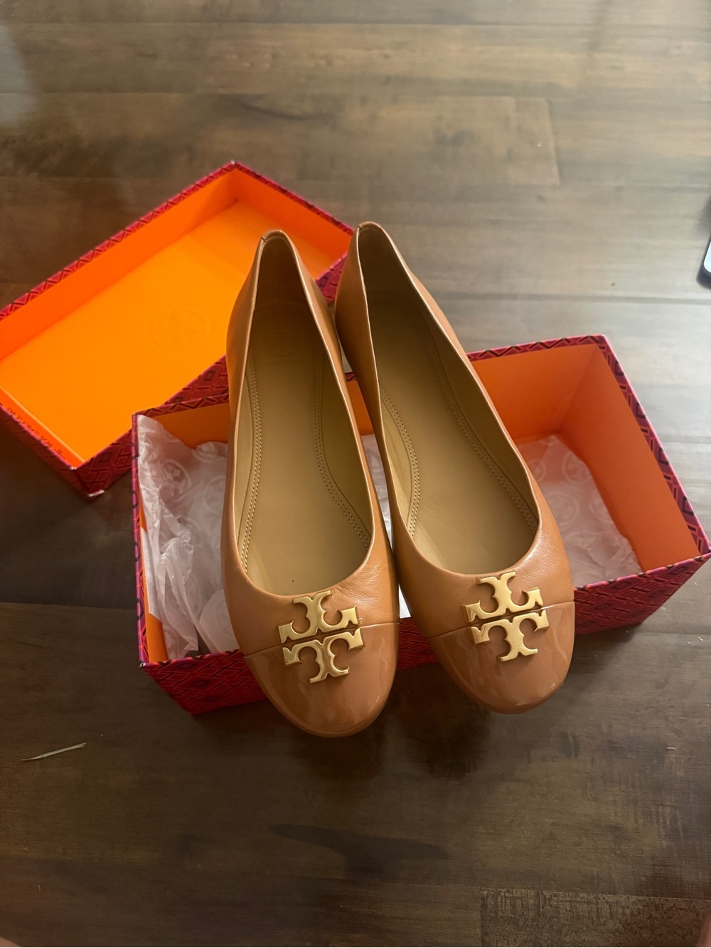 Tory Burch Cognac Leather Ballet Flats with Gold Logo